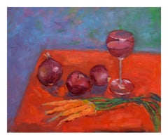 Vintage Still Life of Wine, Onion and Carrots