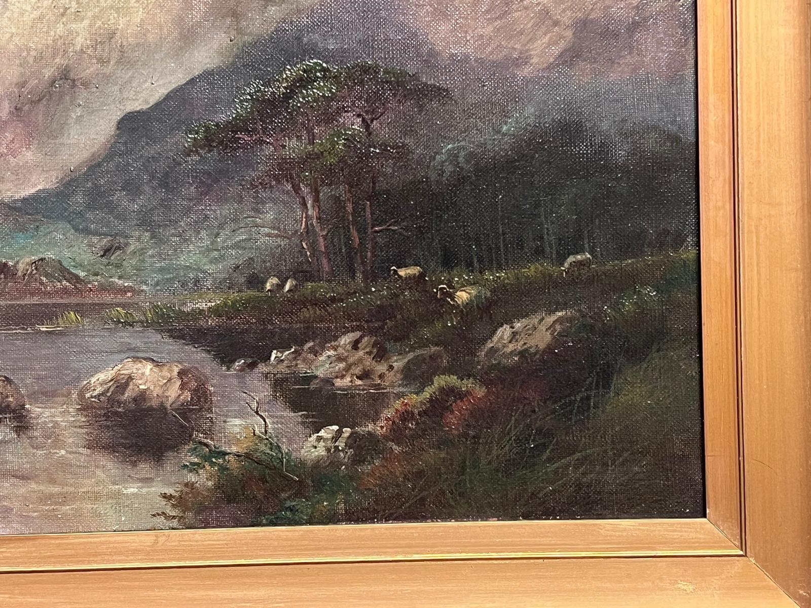 Antique Scottish Highlands Historic Loch Landscape Scene Signed Oil Painting For Sale 1