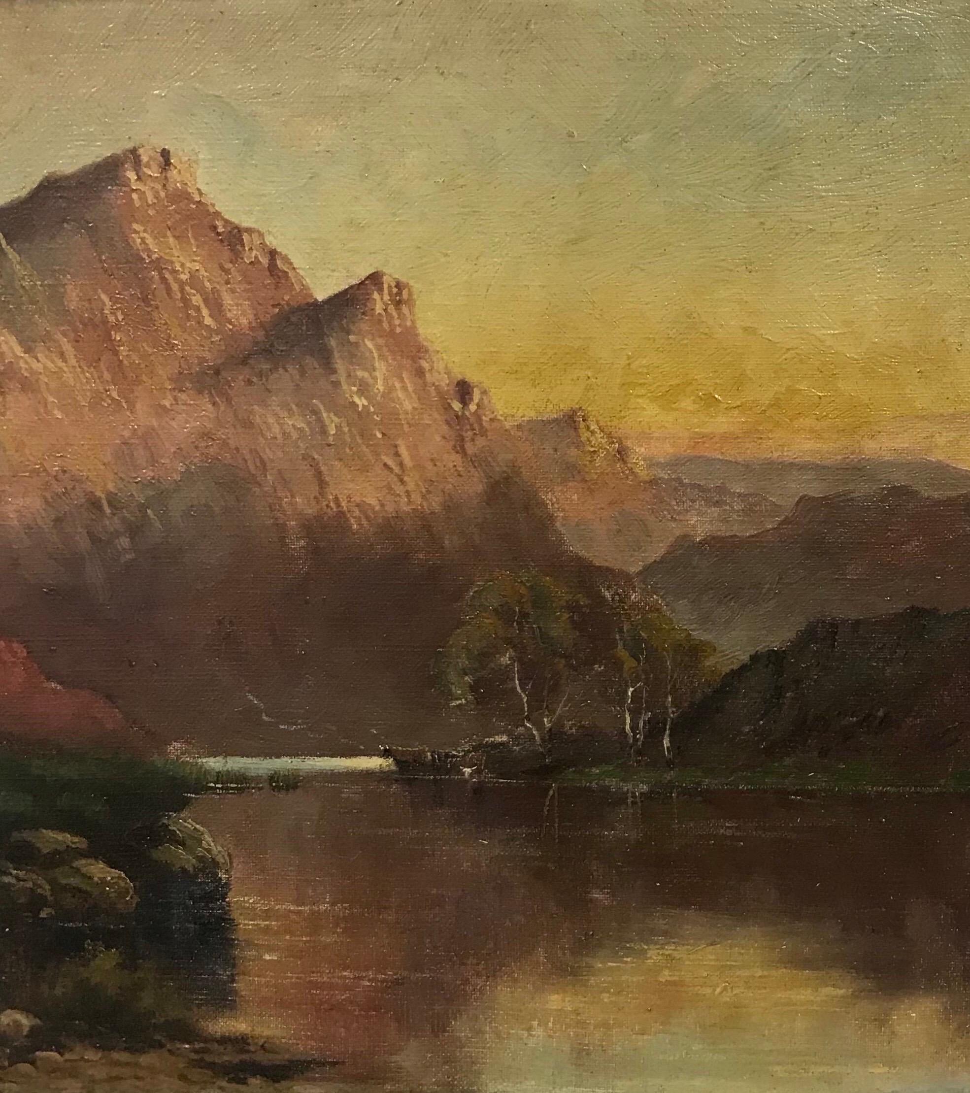 Fine Antique Scottish Highlands Oil Painting Sunset over the Loch, signed, dated - Brown Landscape Painting by Jack M. Ducker