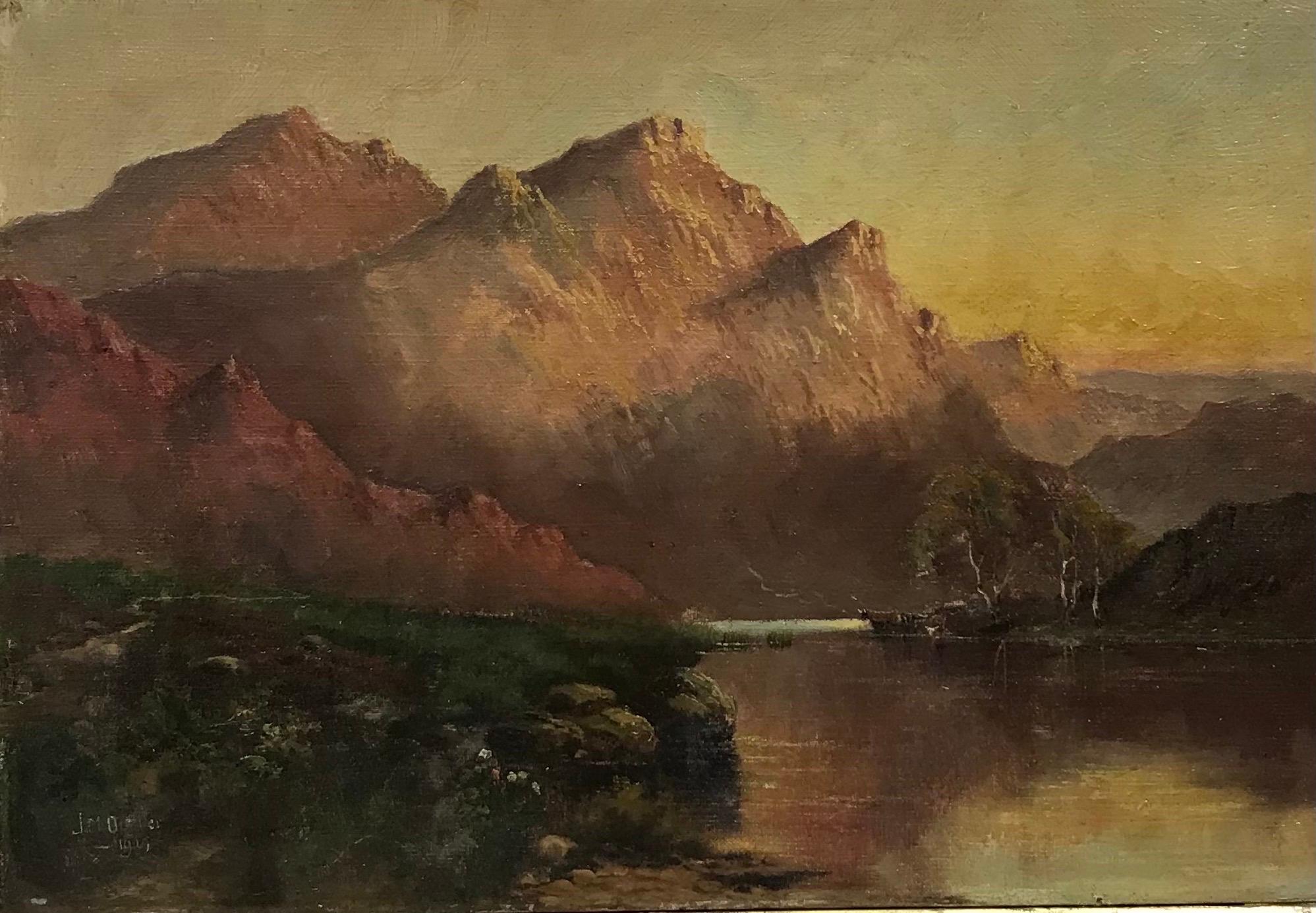 Jack M. Ducker Landscape Painting - Fine Antique Scottish Highlands Oil Painting Sunset over the Loch, signed, dated
