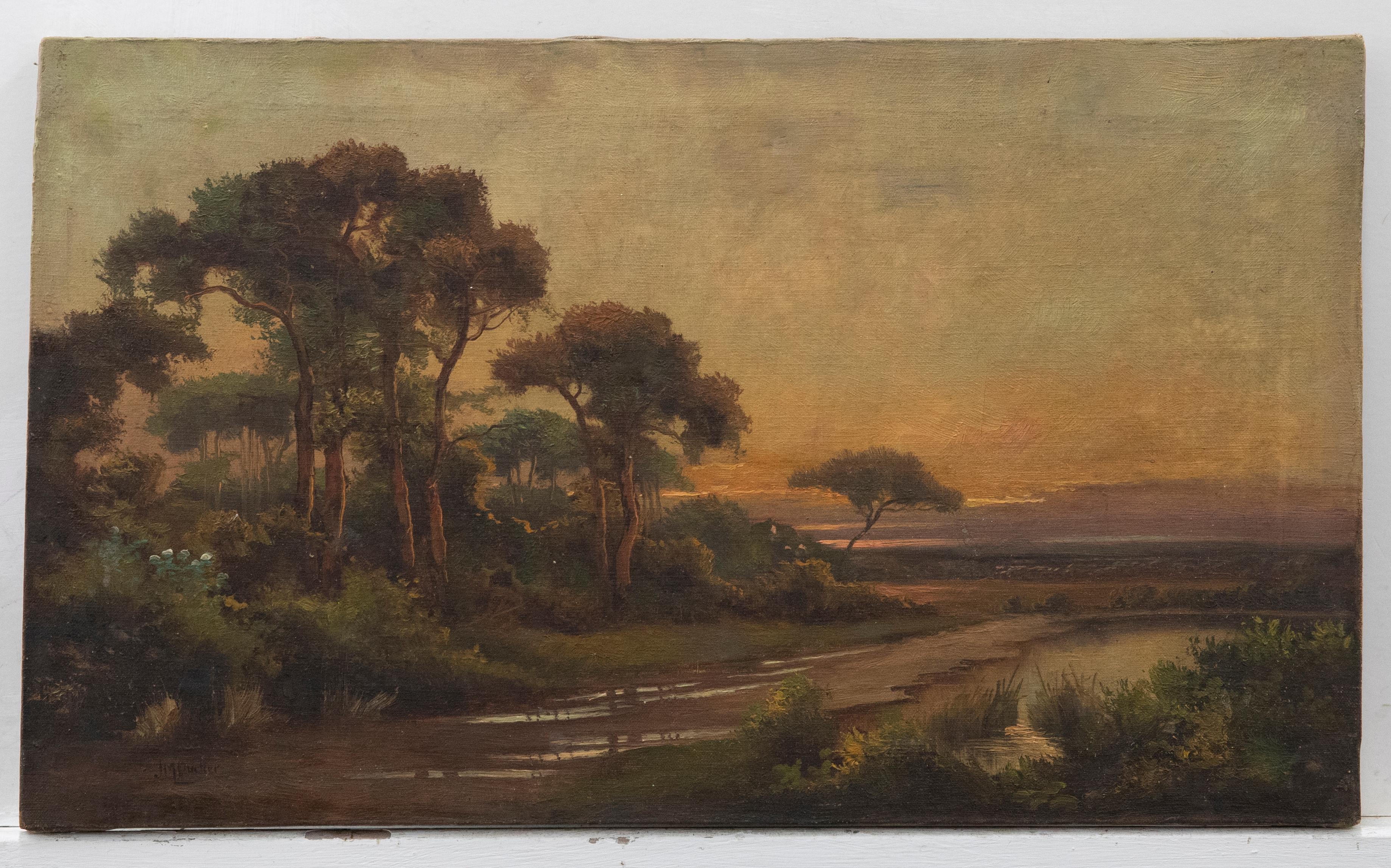 Jack M. Ducker (fl.1910-1930) - Early 20th Century Oil, River at Sunset For Sale 1