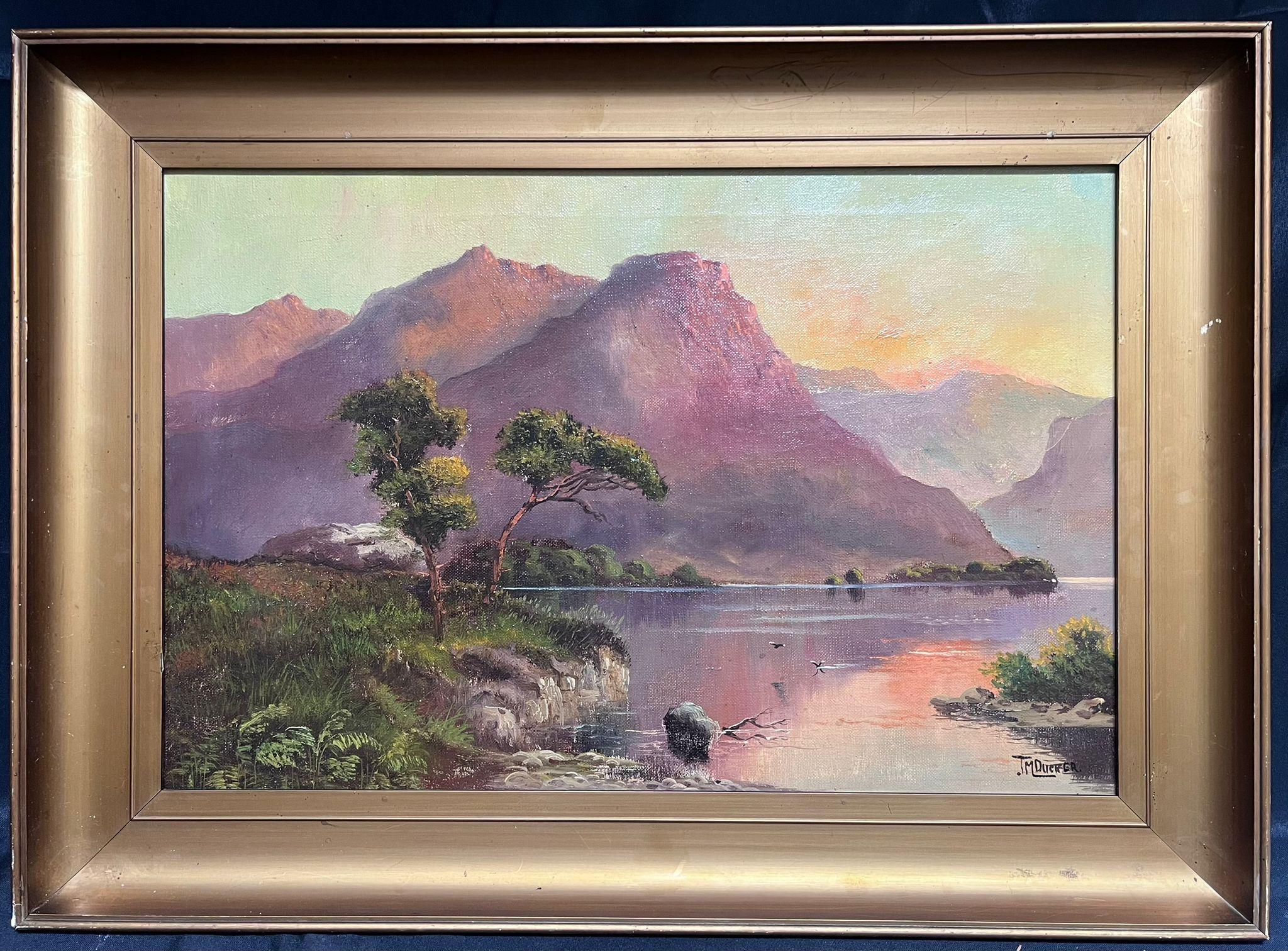 Loch Awe Scottish Highlands Pink Sunset over Mountains & Loch Antique Oil  - Painting by Jack M. Ducker