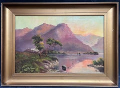 Loch Awe Scottish Highlands Pink Sunset over Mountains & Loch Antique Oil