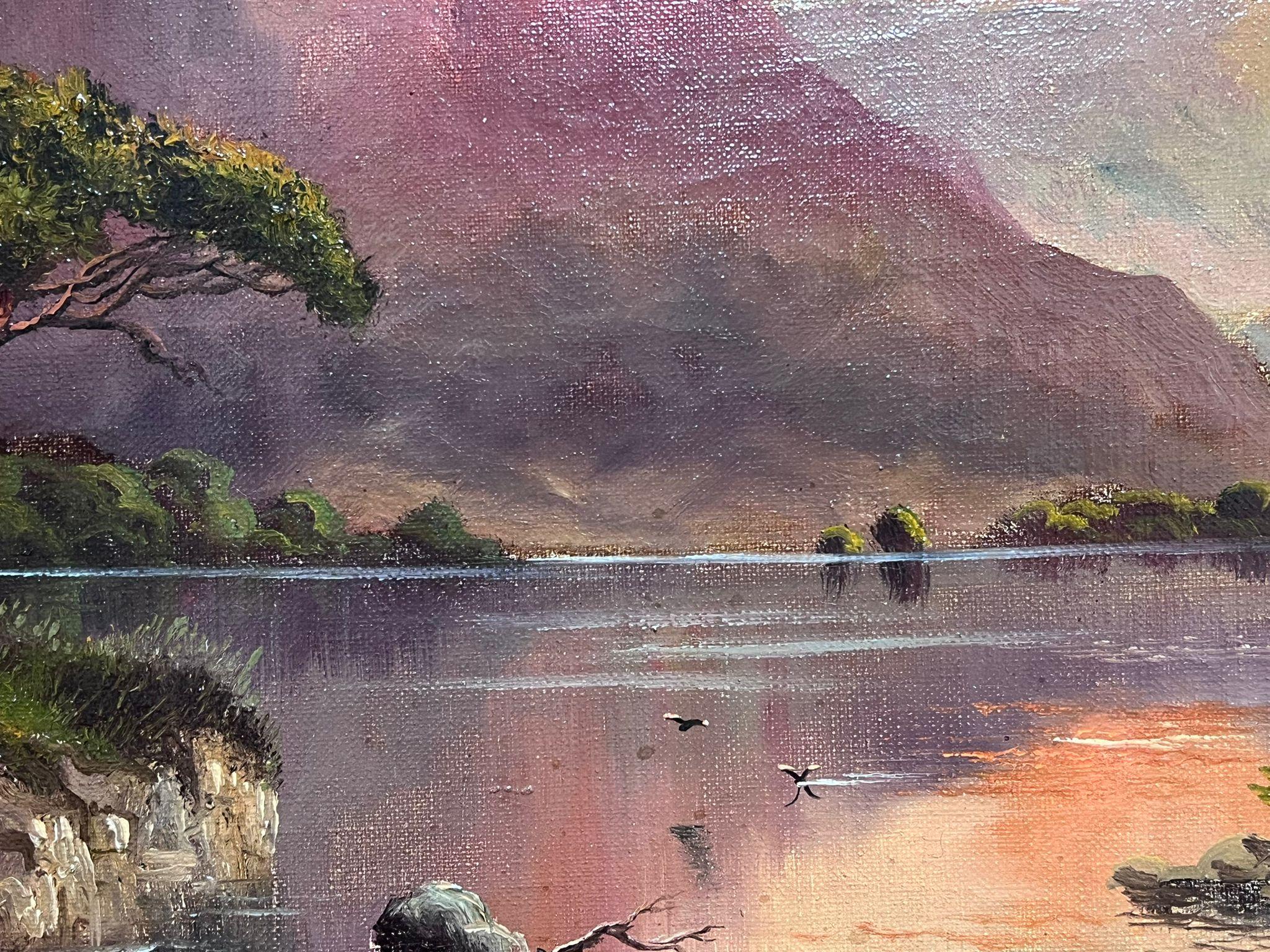 Loch Awe Scottish Highlands Pink Sunset over Mountains & Loch Antique Oil  - Victorian Painting by Jack M. Ducker