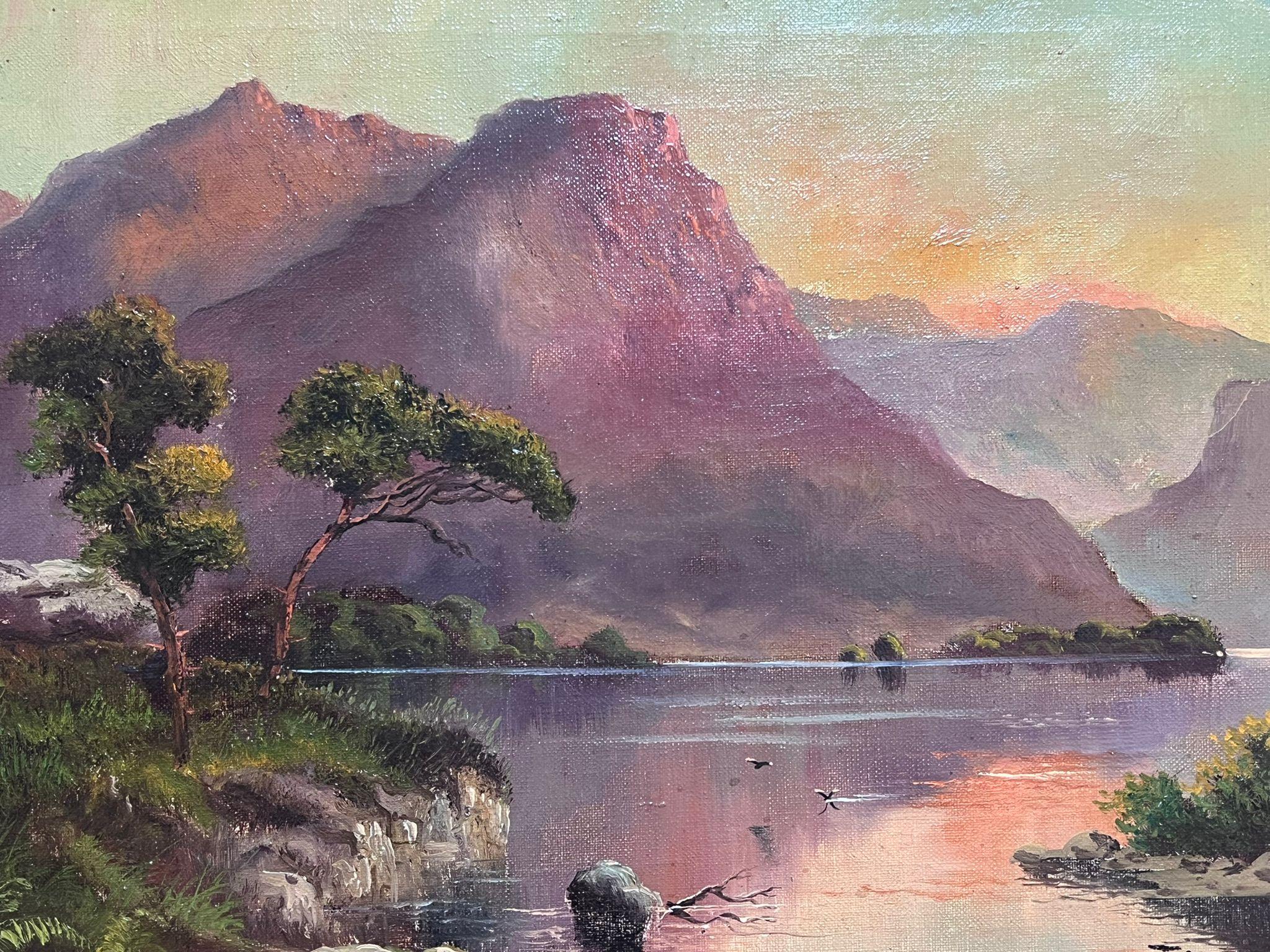 Loch Awe Scottish Highlands Pink Sunset over Mountains & Loch Antique Oil  For Sale 1