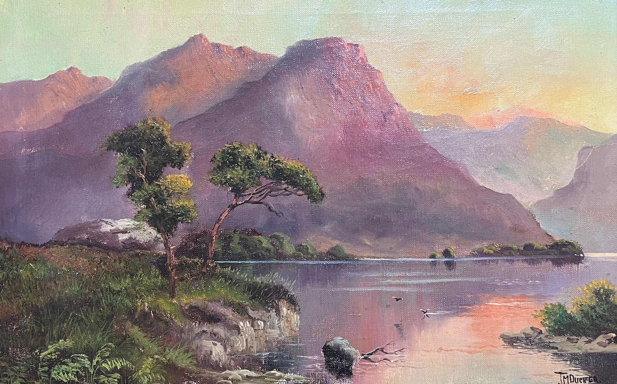 Jack M. Ducker Landscape Painting - Loch Awe Scottish Highlands Pink Sunset over Mountains & Loch Antique Oil 