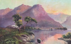 Loch Awe Scottish Highlands Pink Sunset over Mountains & Loch Antique Oil 