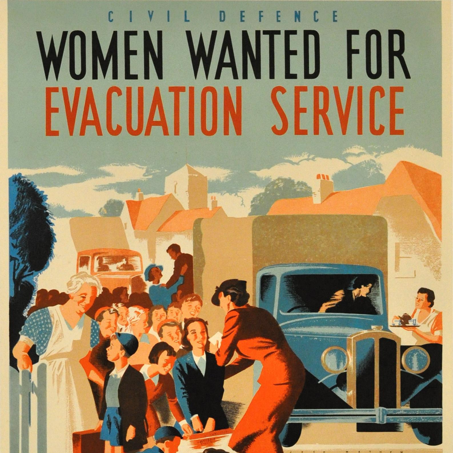 Original World War Two Poster: Civil Defence Women Wanted For Evacuation Service - Print by Jack Mathew