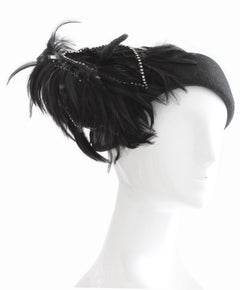 Jack McConnell Boutique Black Wool Clochette Hat with Feathers 1960s Bollman Hat