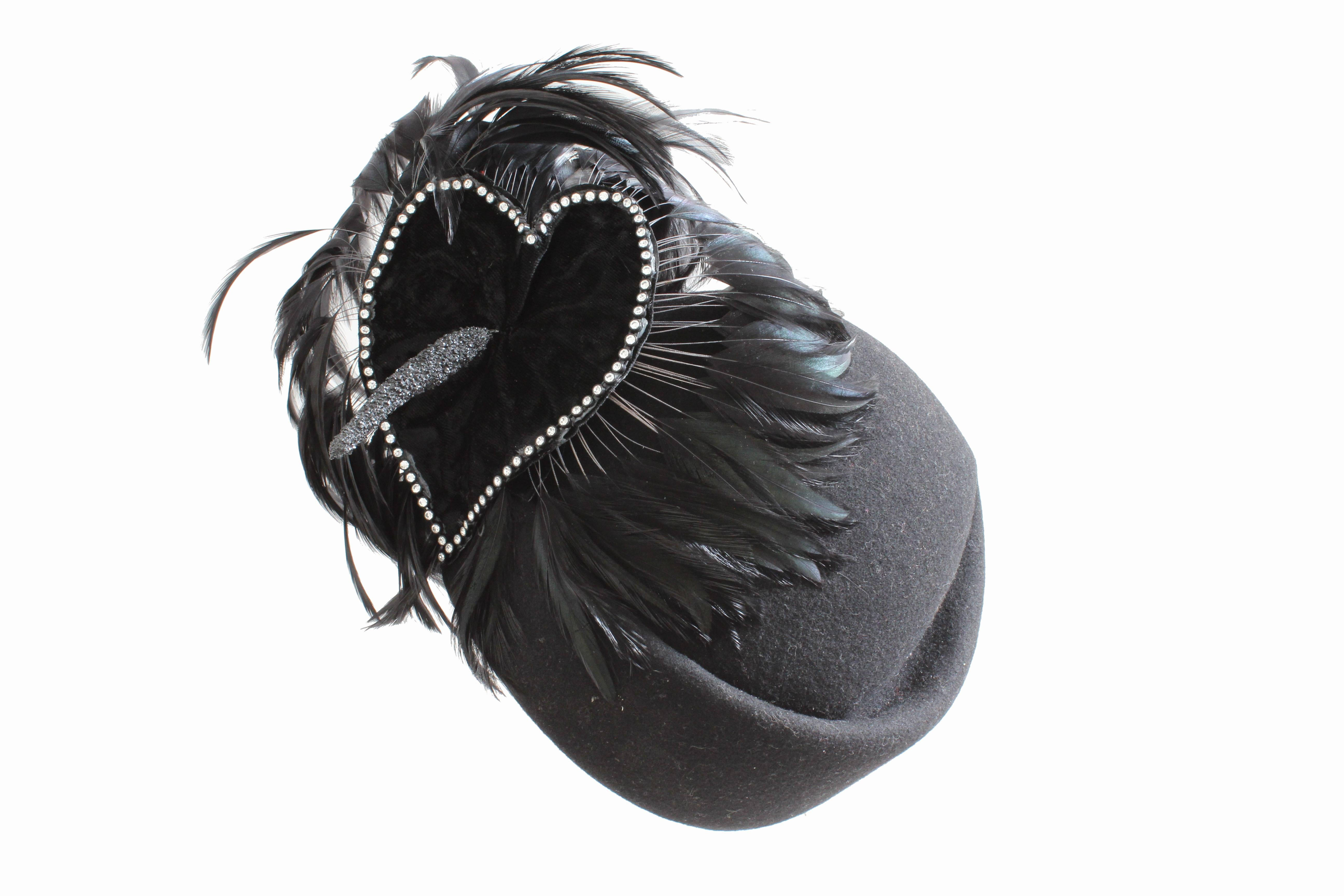 Women's Jack McConnell Boutique Black Wool Clochette Hat with Feathers 1960s Bollman Hat For Sale