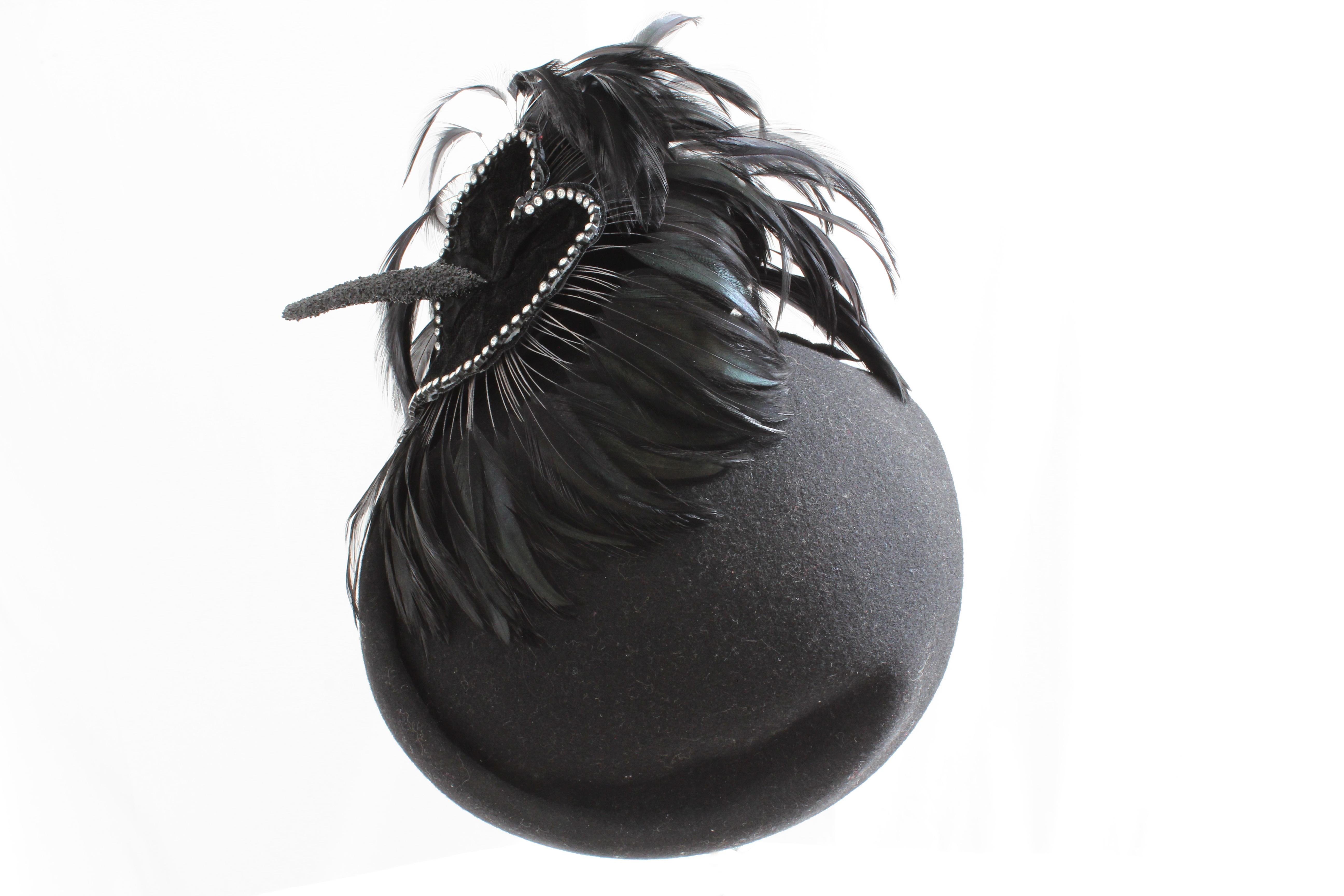 Jack McConnell Boutique Black Wool Clochette Hat with Feathers 1960s Bollman Hat For Sale 1