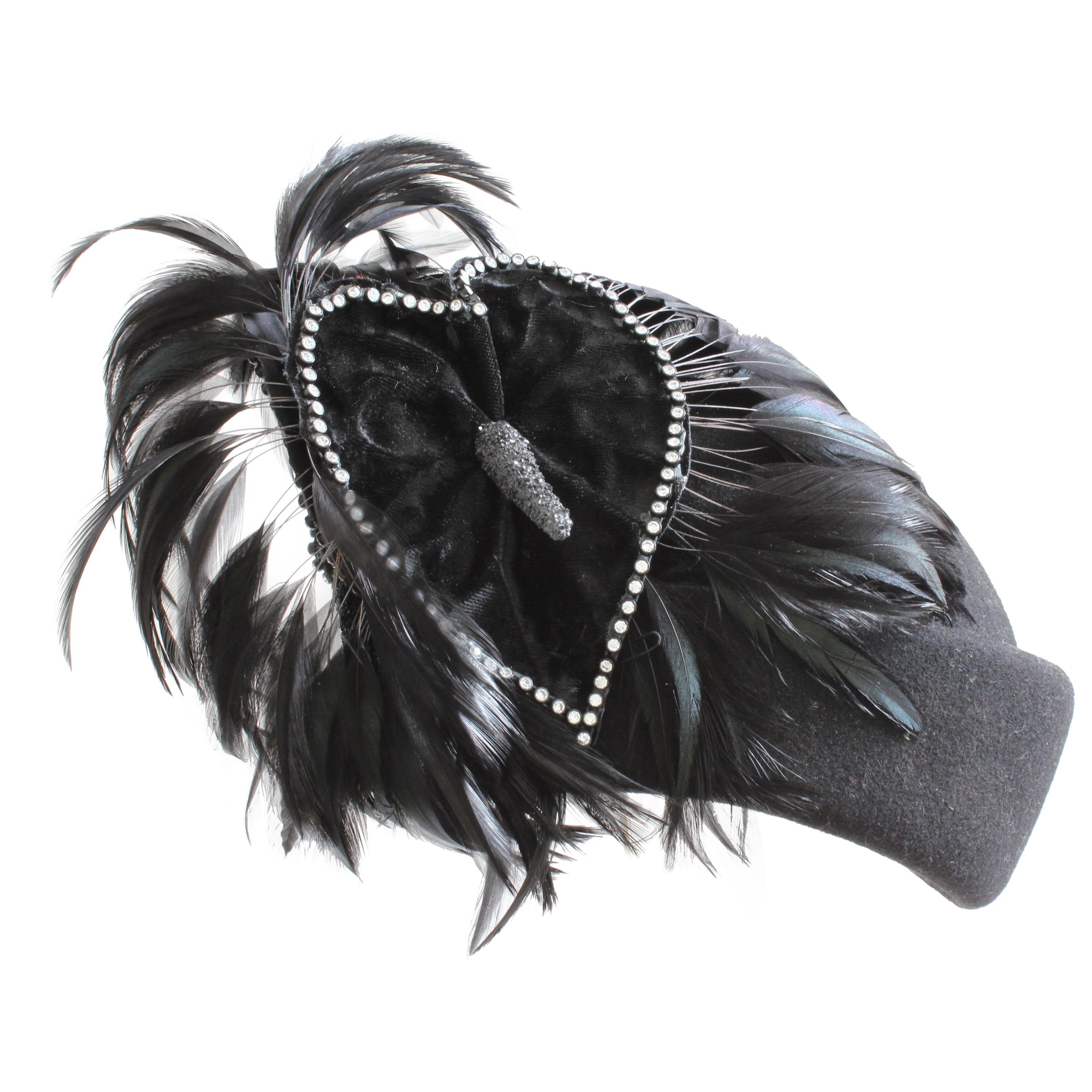 Jack McConnell Boutique Black Wool Clochette Hat with Feathers 1960s Bollman Hat For Sale