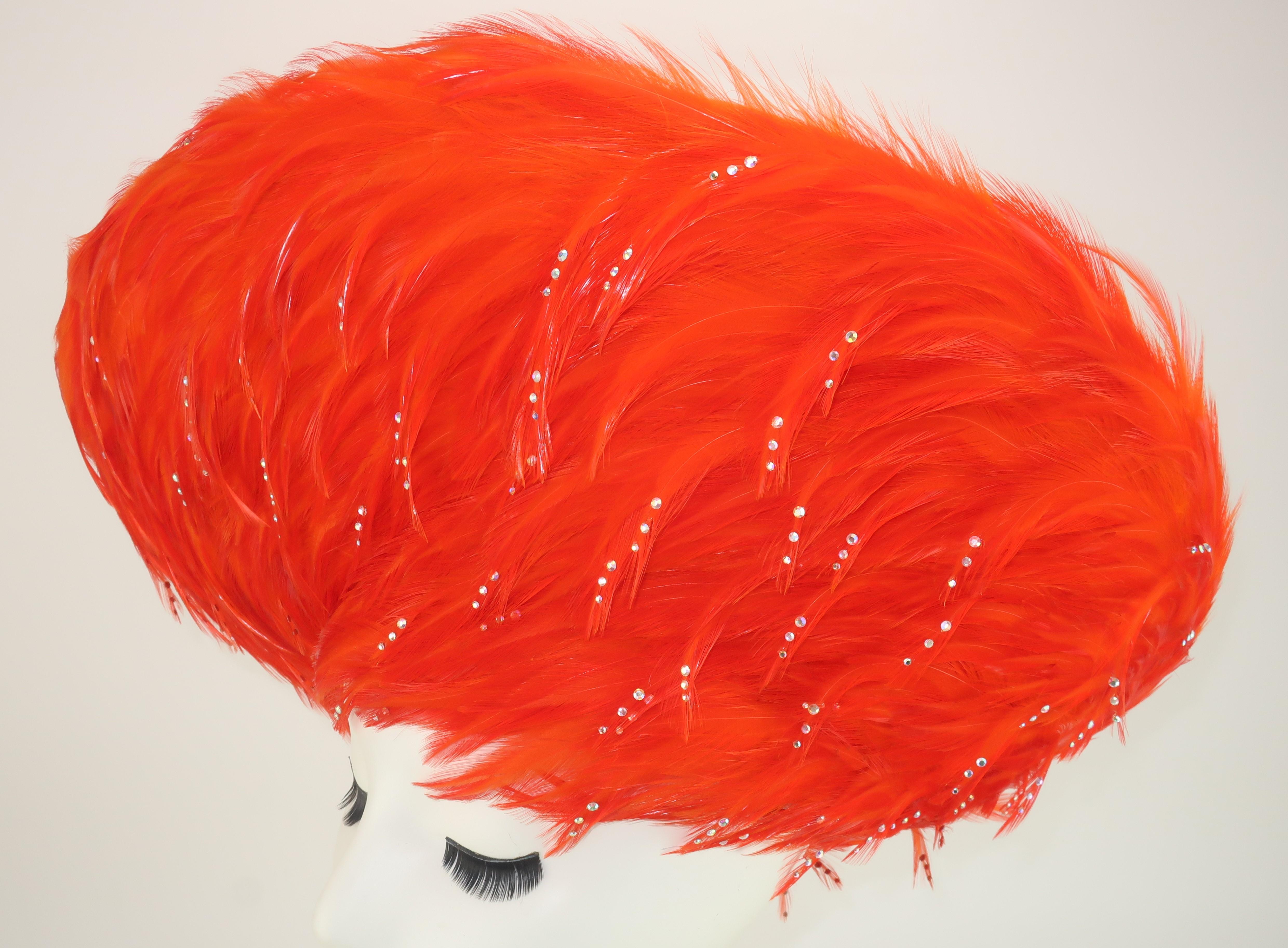 Jack McConnell Flame Red Feather & Rhinestone Hat, C.1960 In Good Condition In Atlanta, GA