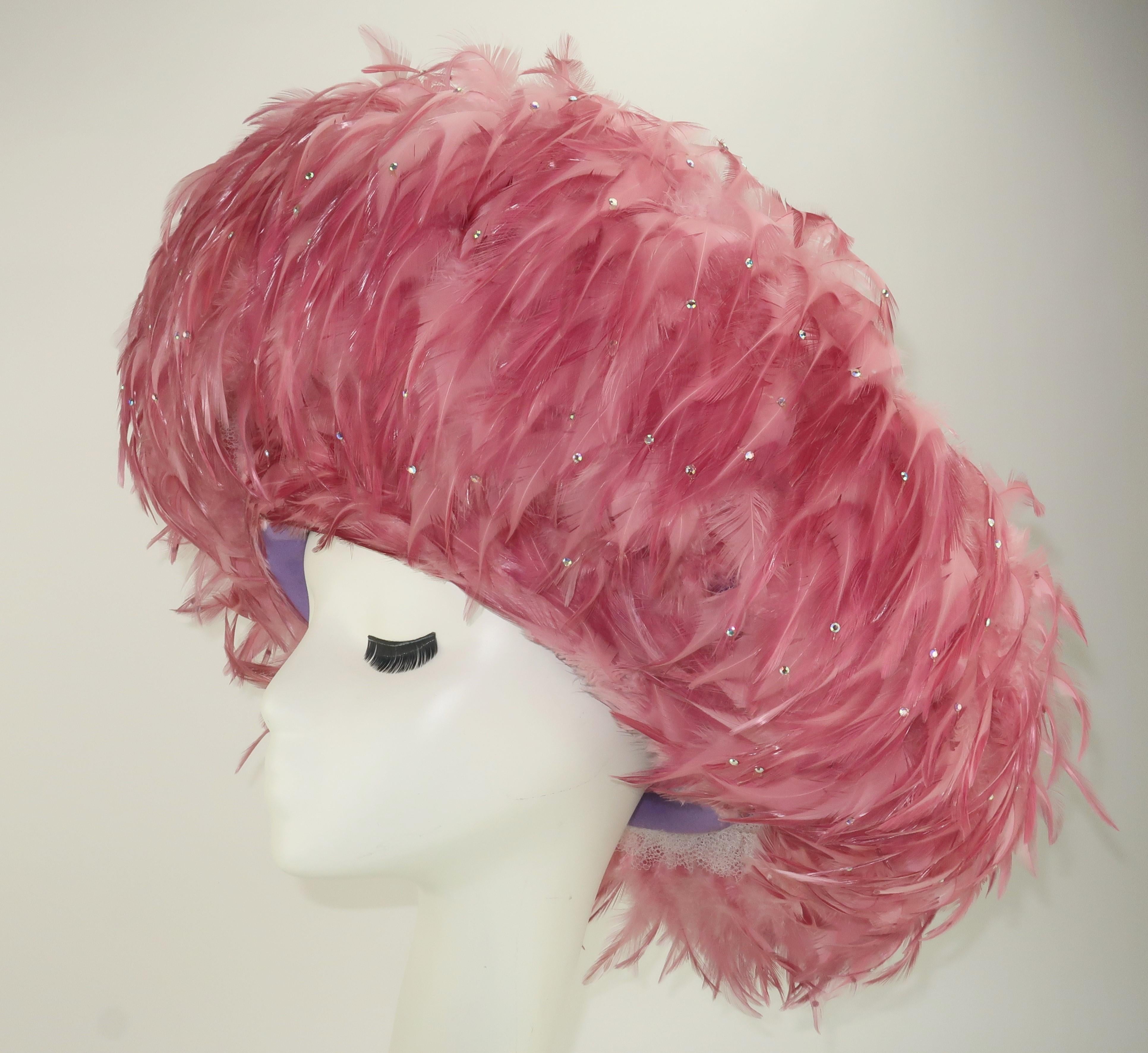 Women's Jack McConnell Mauve Pink Feather & Rhinestone Hat, C.1960