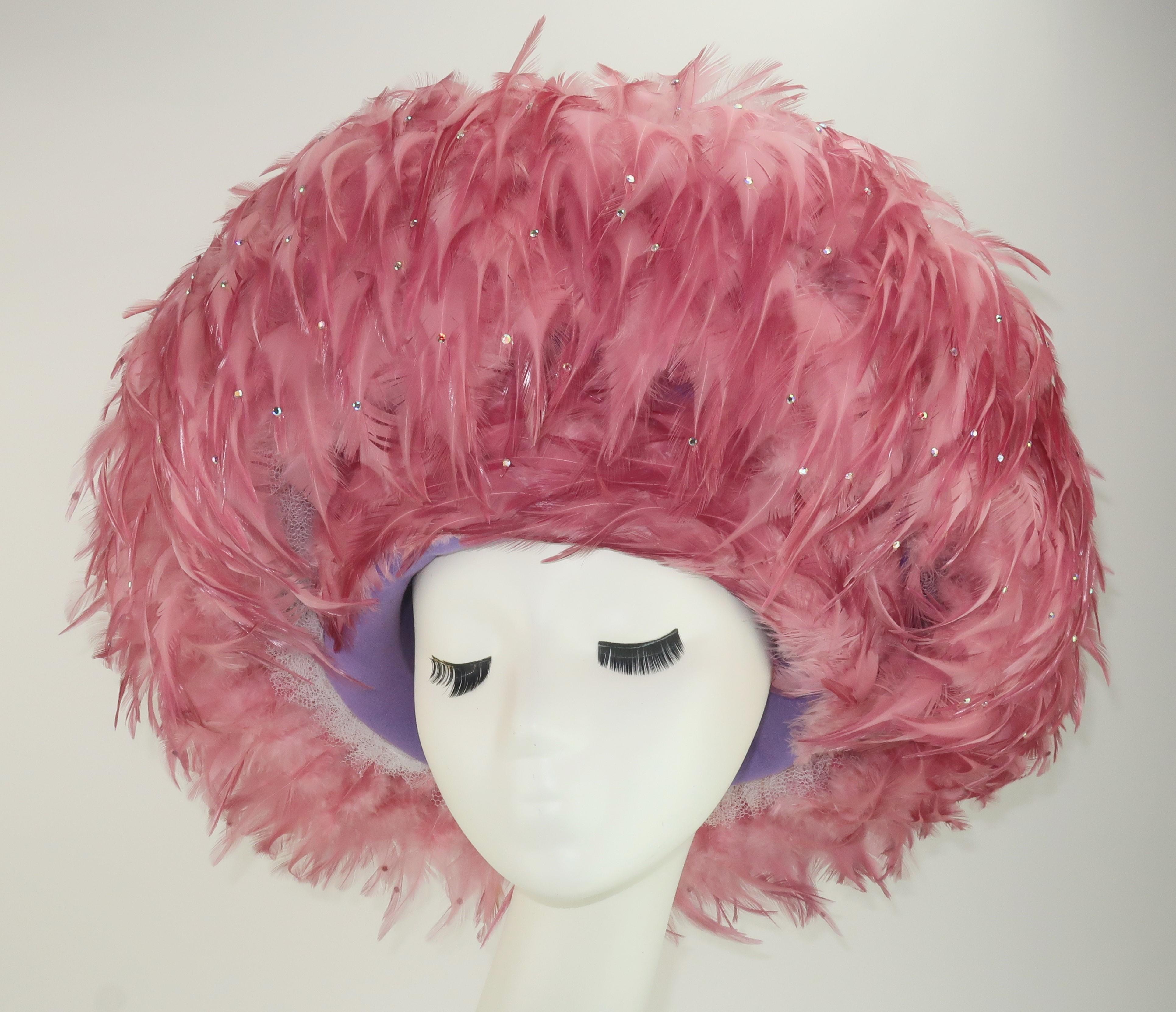 Jack McConnell Mauve Pink Feather & Rhinestone Hat, C.1960 1