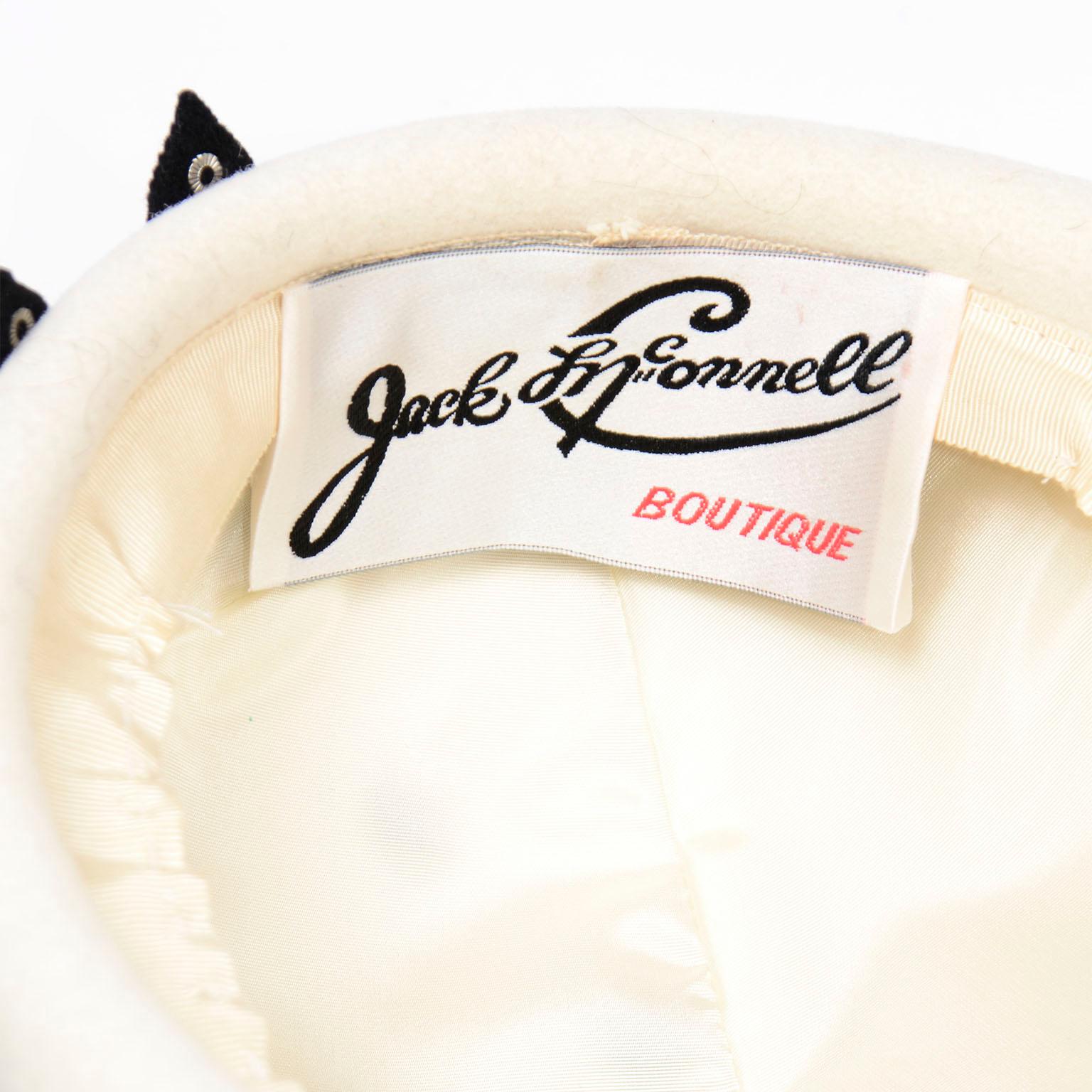Jack McConnell Vintage Ivory Wool Beret Hat With Black Applique & Rhinestones 8