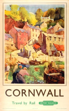 Affiche vintage originale des chemins de fer britanniques pour les voyages en Cornouailles en train:: avec Port de la mer