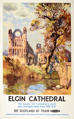 Original Vintage Train Travel Poster Elgin Cathedral Scotland British Railways