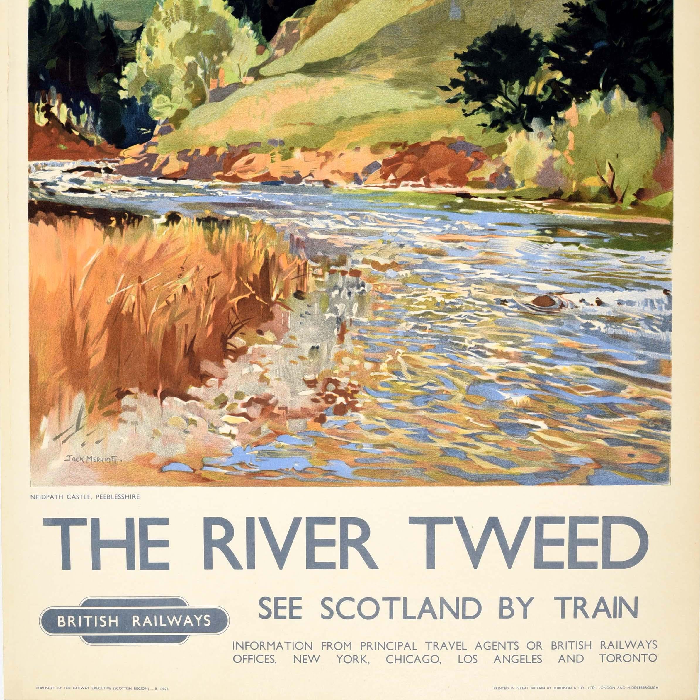 Original vintage travel poster issued by British Railways - The River Tweed See Scotland by Train - featuring a painting by the British artist Jack Merriott (1901-1968) depicting a scenic view of the historic tower house Neidpath Castle in