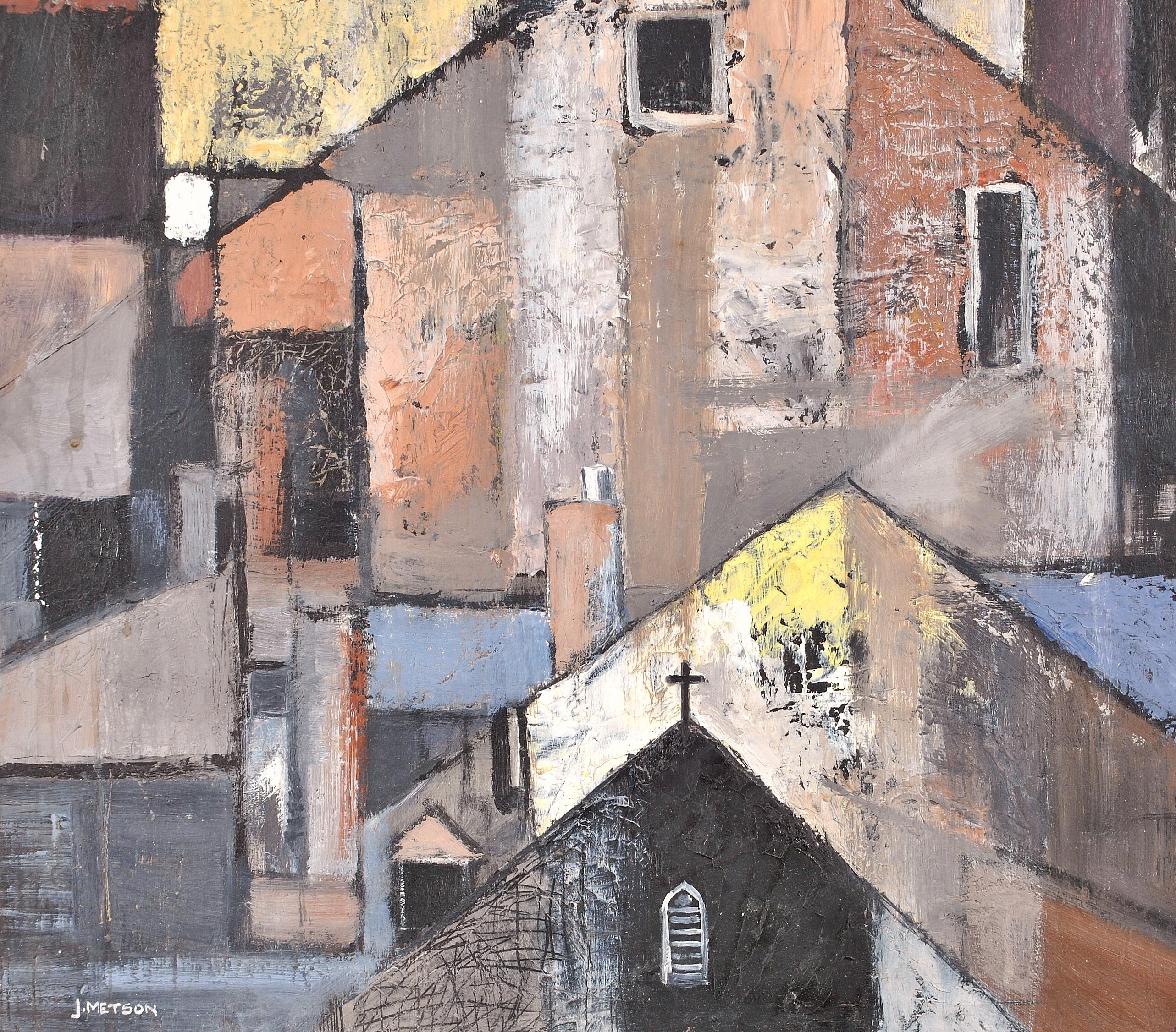 La cappella dei pescatori - Pittura ad olio cubista del XX secolo - Case moderne British - Landscape Painting Grigio di Jack Metson