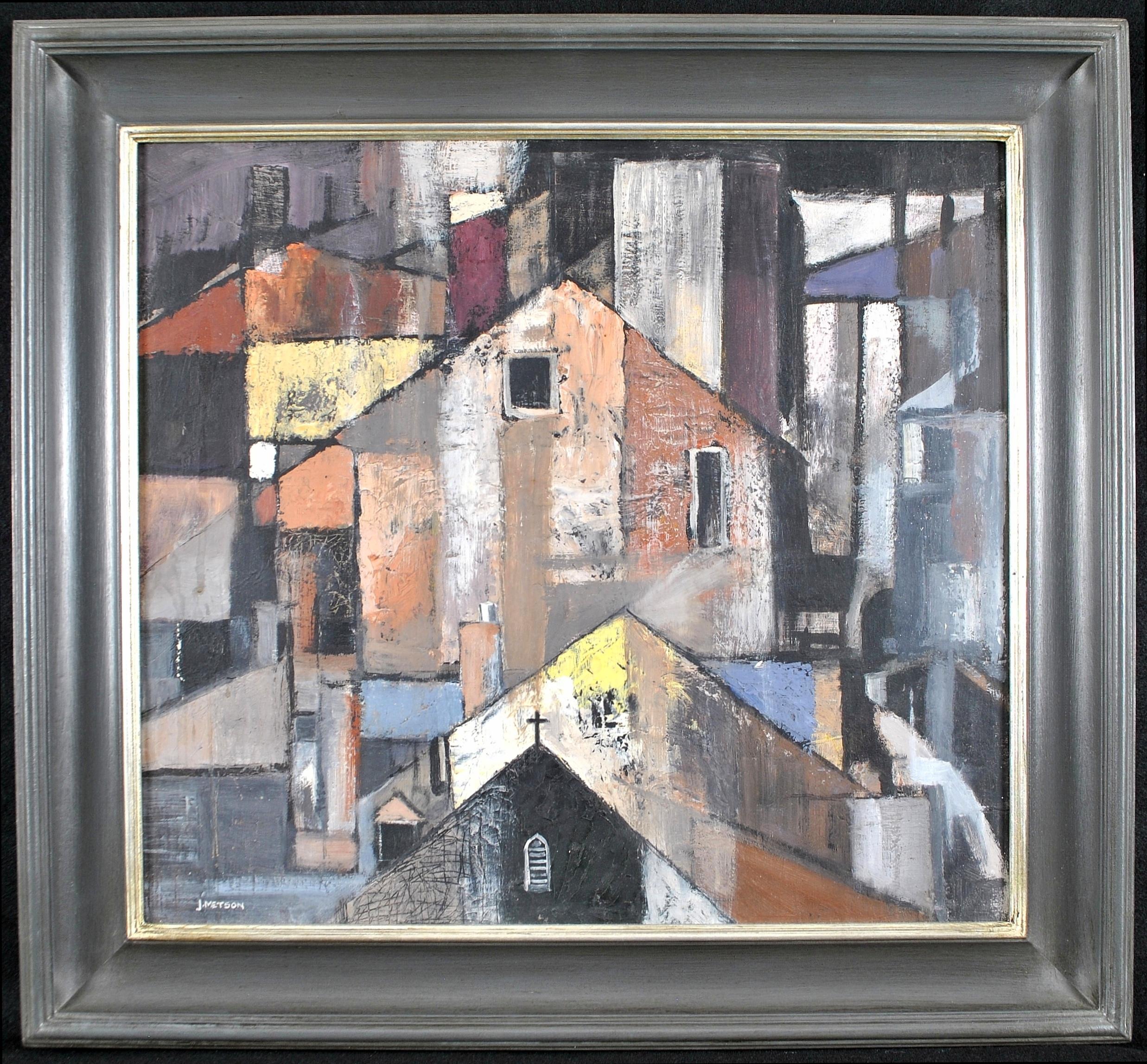 The Fishermen's Chapel - 20th Century Cubist Houses Modern British Oil Painting