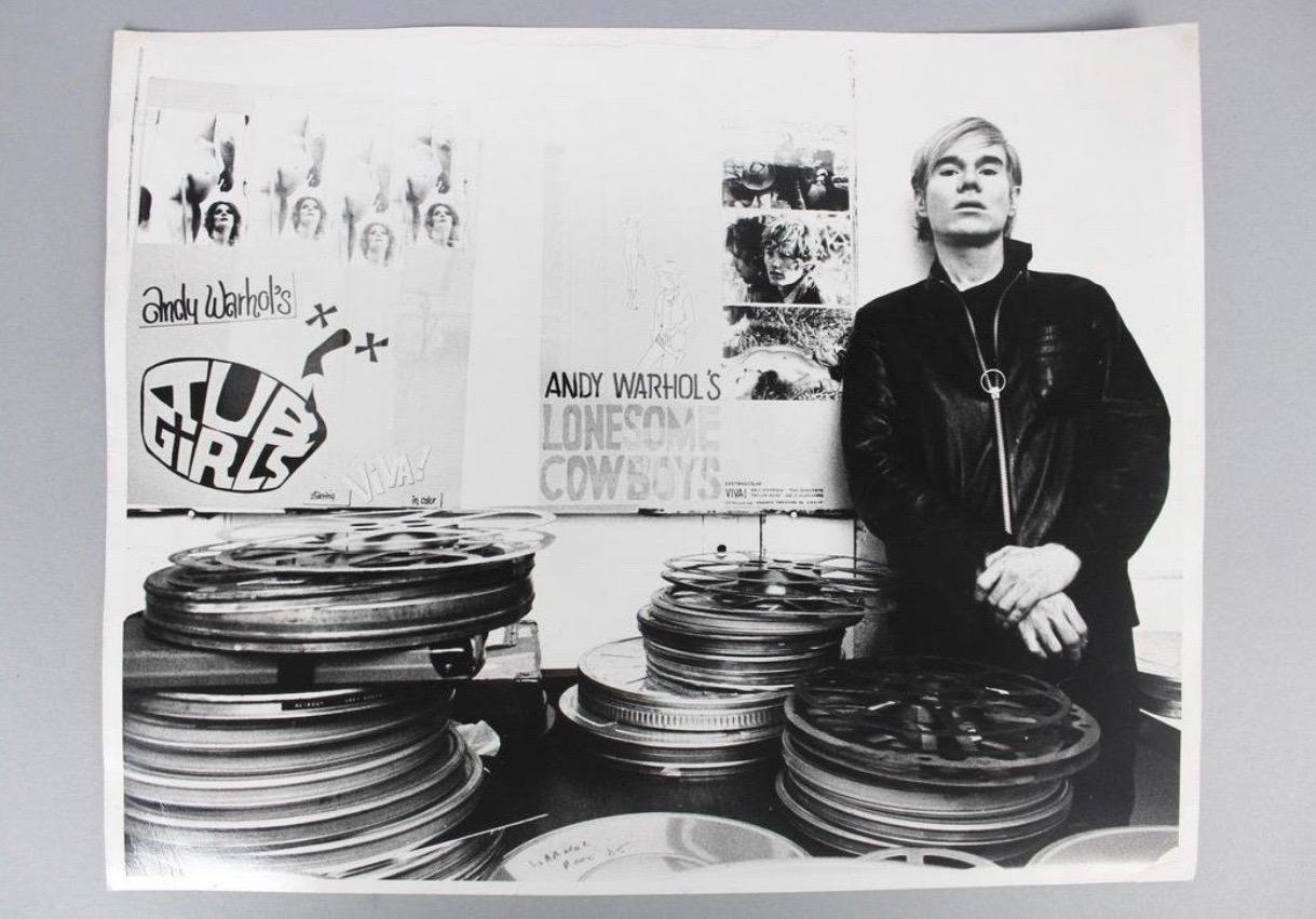 Jack Mitchell black and white photograph of Andy Warhol as filmmaker. This silver gelatin print is dated 1968 on the back. 11 x 14 in. Rare image, original print. 
Jack Mitchell (1925 - 2013) Photographer for the American Ballet Theater, the Alvin