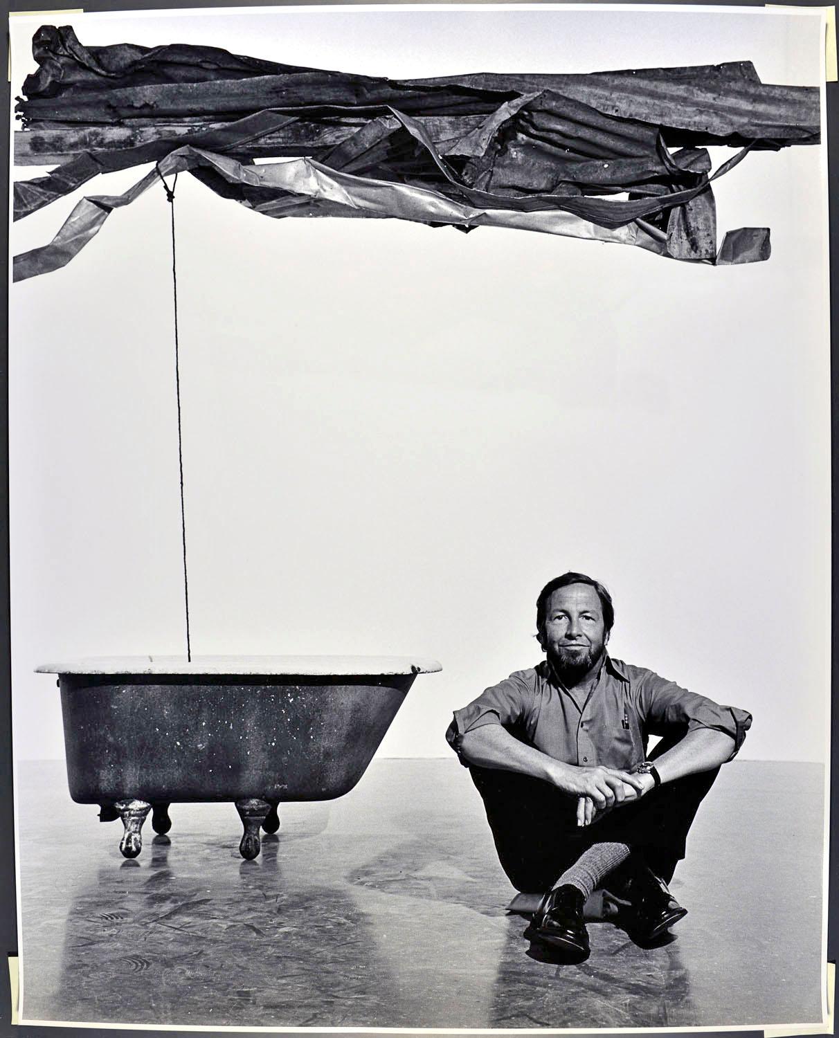 Jack Mitchell Black and White Photograph - 16 x 20" Artist Robert Rauschenberg at MOMA with 'Sor Aqua', signed by Mitchell