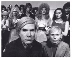 Andy Warhol and the cast of his play "Pork" on stage at La Mama in New York City
