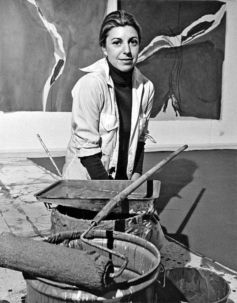 11 x 14" vintage silver gelatin photograph of famed painter Helen Frankenthaler in her Manhattan studio with recent work, 1971. Signed by Jack Mitchell on the print verso. Comes directly from the Jack Mitchell Archives with a certificate of