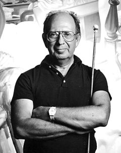 Artist Philip Pearlstein in his studio with his work, signed by Jack Mitchell