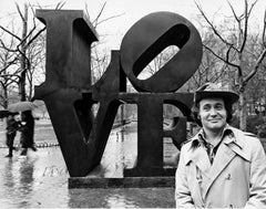 Artist Robert Indiana with his LOVE sculpture in Central Park, NYC
