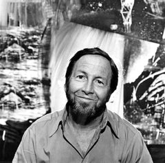 Artist Robert Rauschenberg in his studio.  Signed by Jack Mitchell