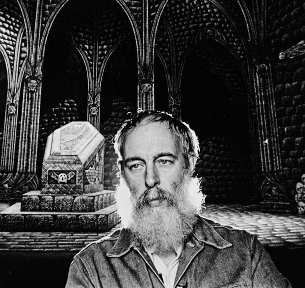  Artist/Writer Edward Gorey on the Broadway set he designed for 'Dracula', 1977. - Photograph by Jack Mitchell