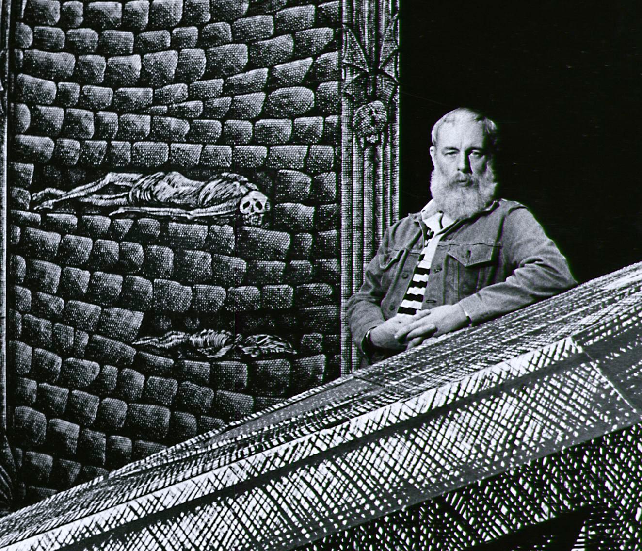 Artist/Writer Edward Gorey on the Broadway set he designed for 'Dracula', 1977. - Photograph by Jack Mitchell