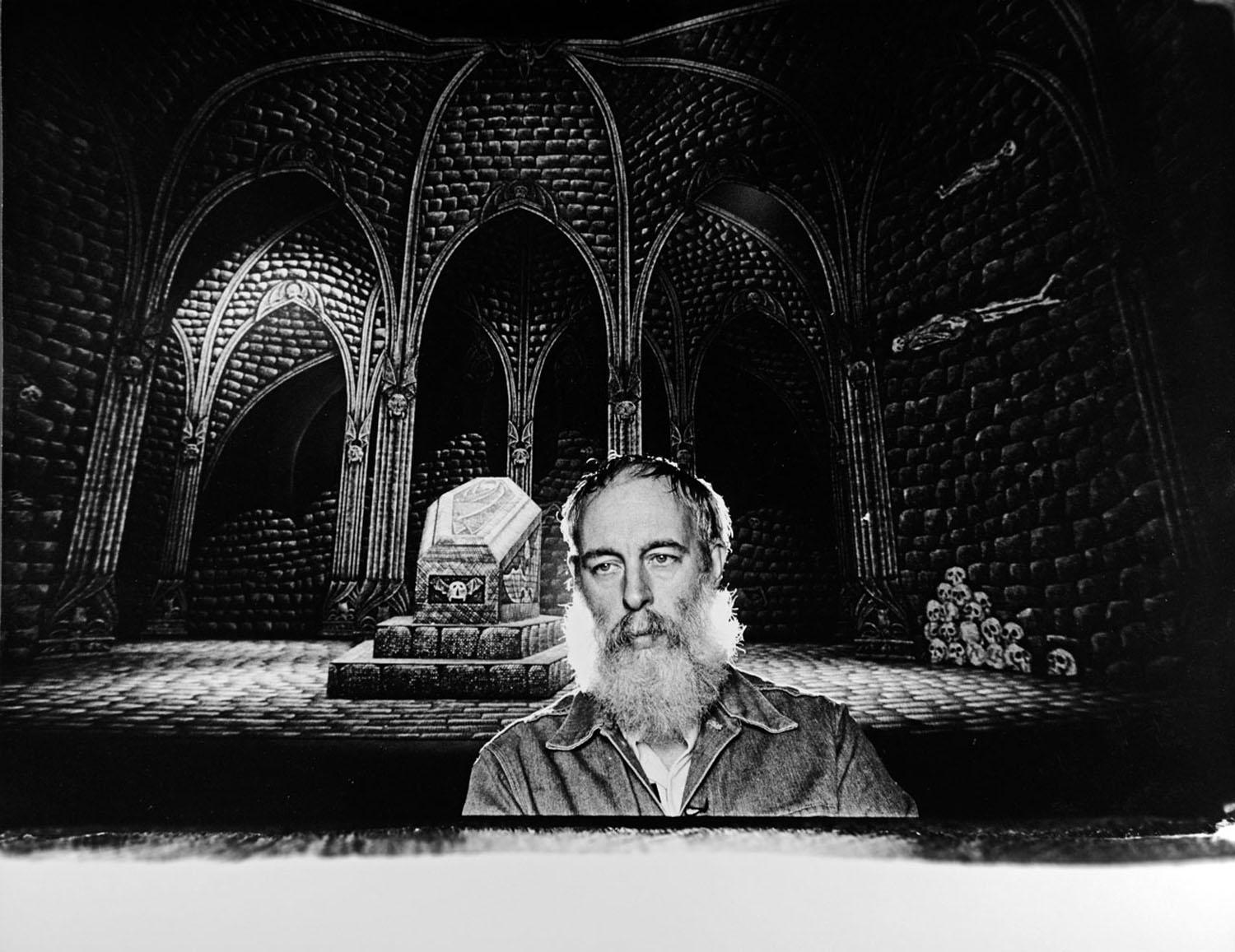 Jack Mitchell Black and White Photograph -  Artist/Writer Edward Gorey on the Broadway set he designed for 'Dracula', 1977.