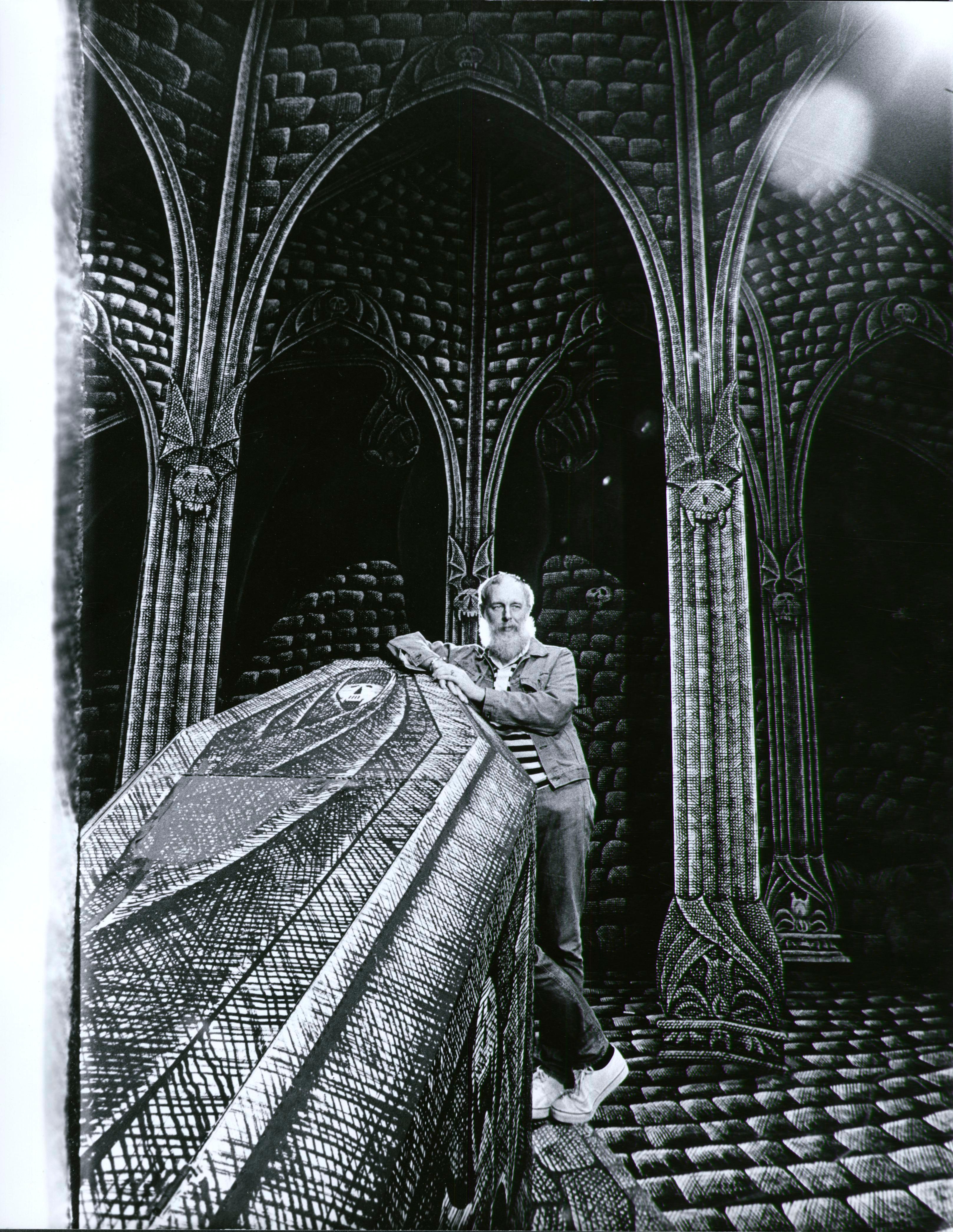 Jack Mitchell Black and White Photograph -  Artist/Writer Edward Gorey on the Broadway set he designed for 'Dracula'