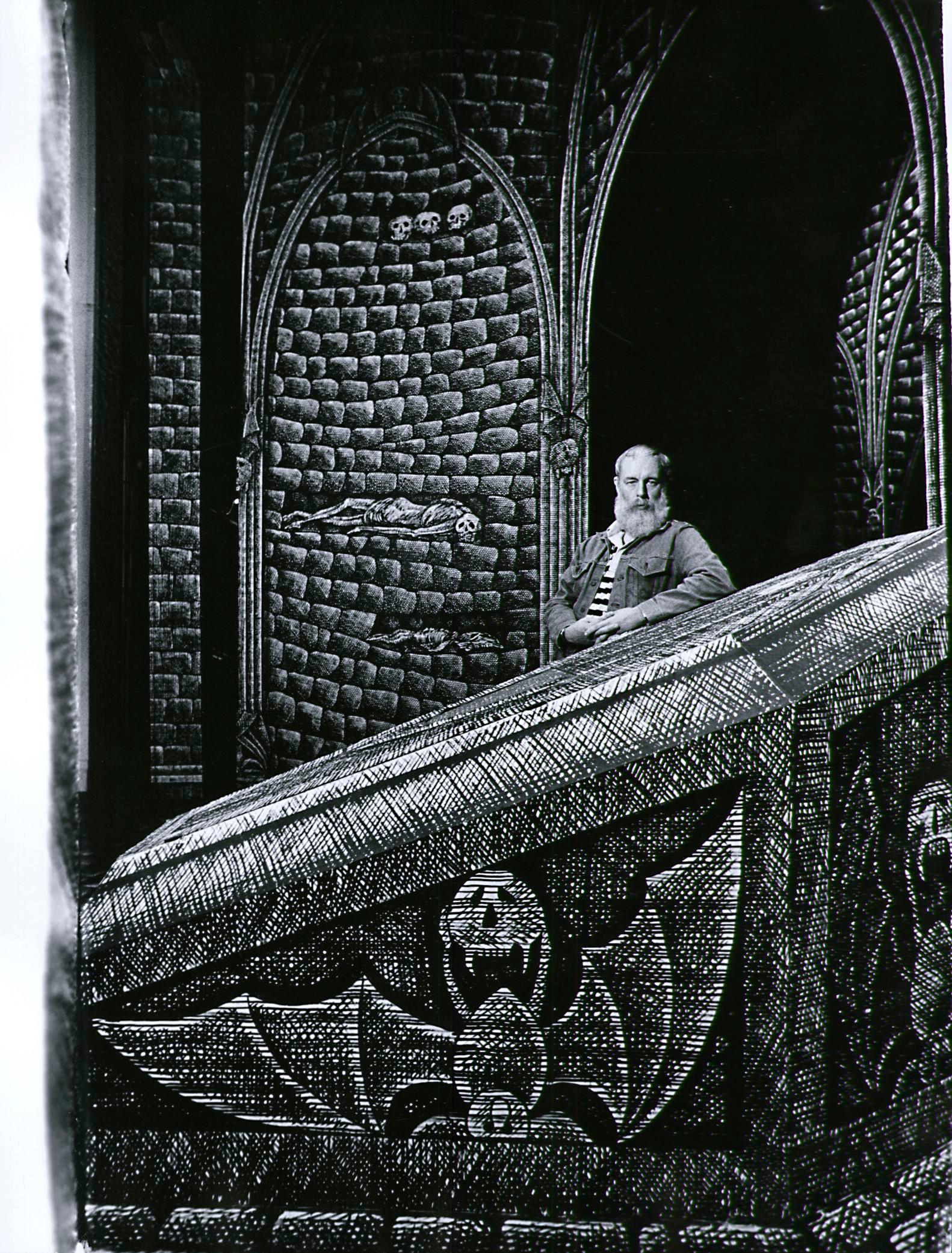 Jack Mitchell Black and White Photograph - Artist/Writer Edward Gorey on the Broadway set he designed for 'Dracula', 1977.