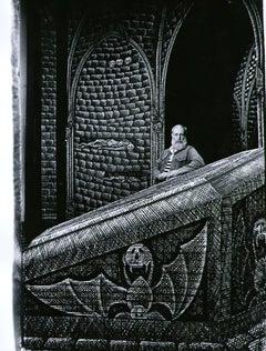 Vintage Artist/Writer Edward Gorey on the Broadway set he designed for 'Dracula', 1977.