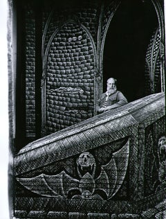 Vintage  Artist/Writer Edward Gorey on the Broadway set he designed for 'Dracula', 1977.