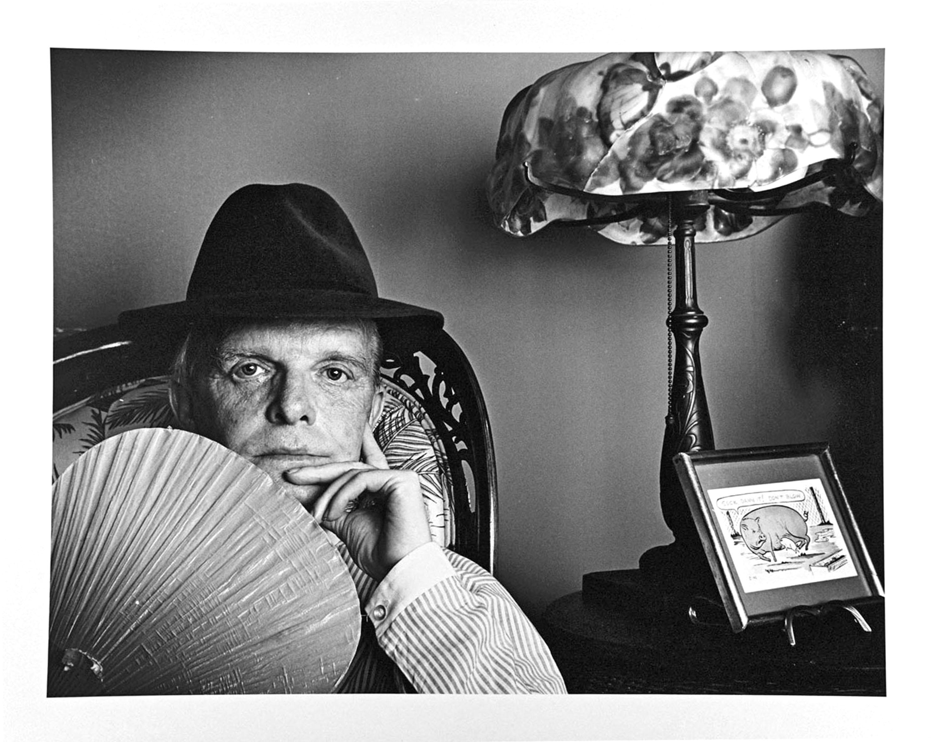 Jack Mitchell Black and White Photograph - Author Truman Capote photographed at his United Nations Plaza apartment 