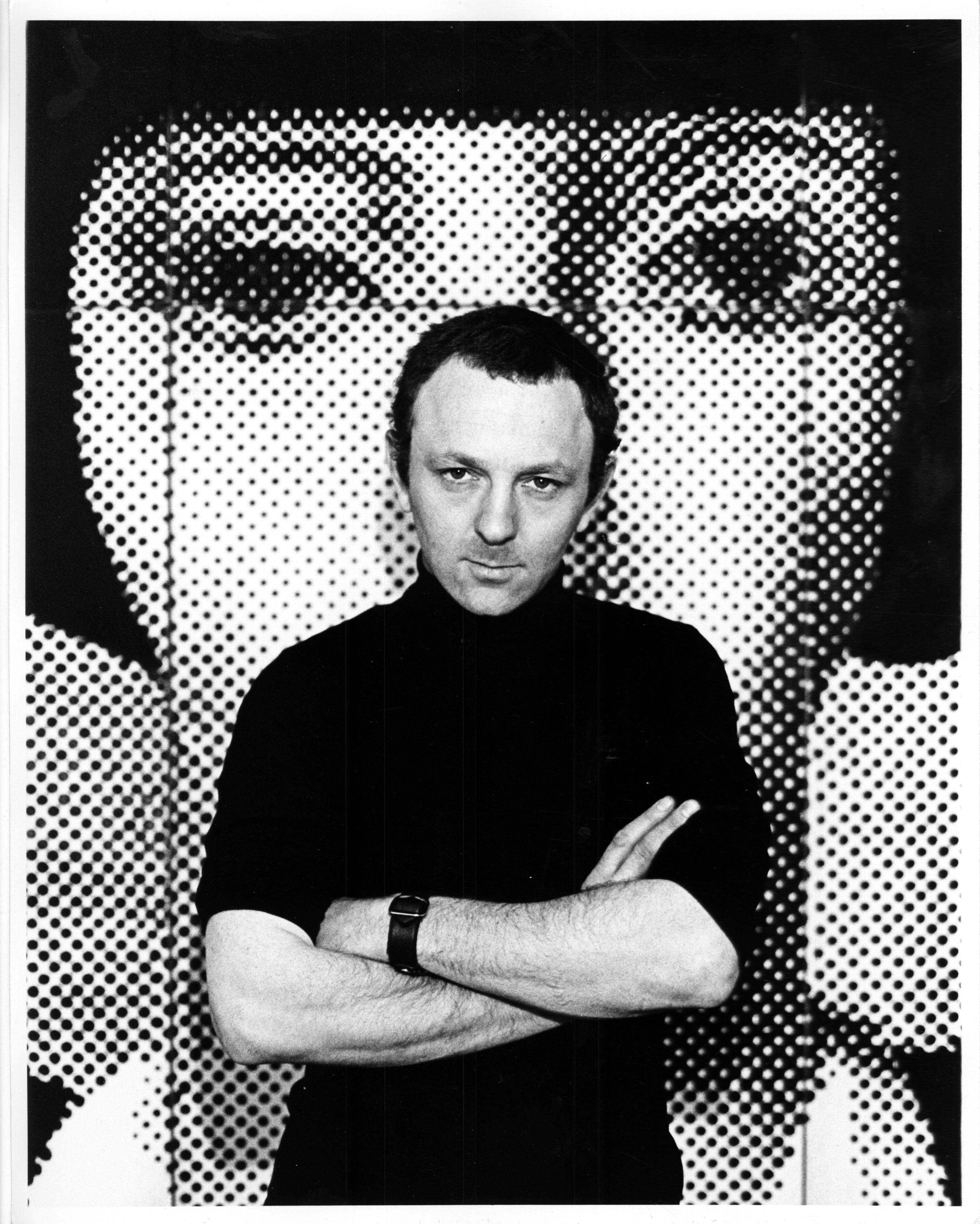 British Pop Artist Gerald Laing portrait in his studio signed by Jack Mitchell