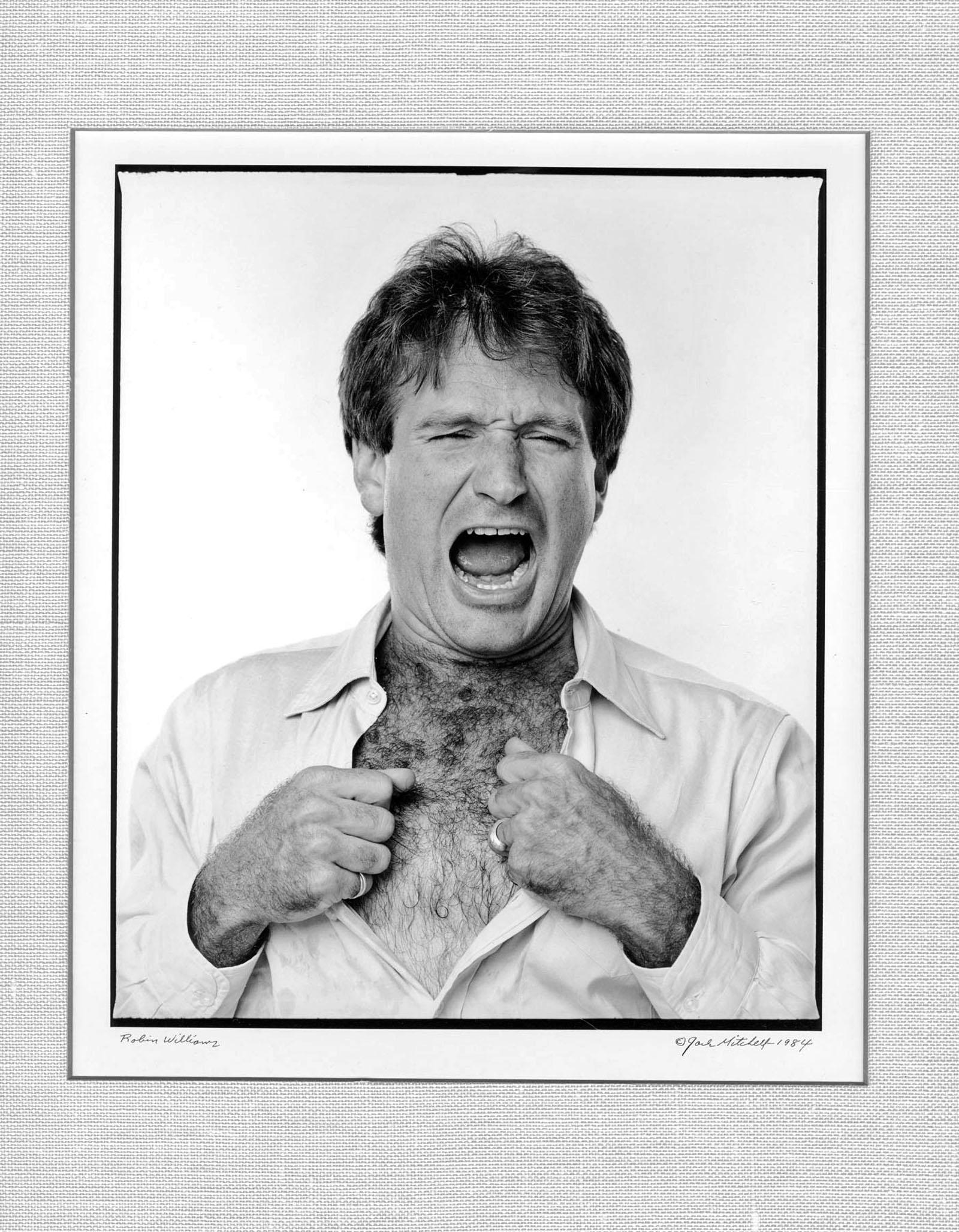 Jack Mitchell Black and White Photograph - Comedian Robin Williams crying like his baby son Zachary signed exhibition print