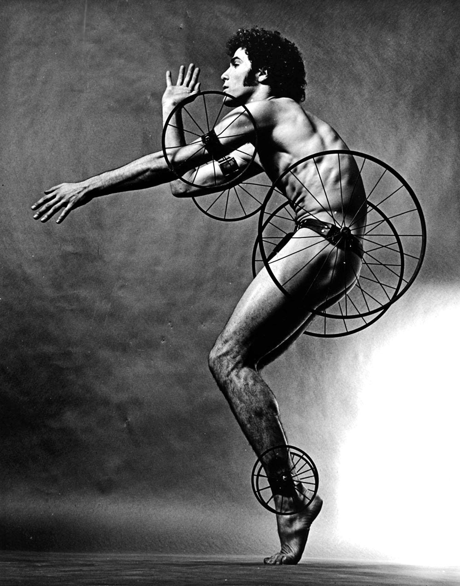 Jack Mitchell Black and White Photograph - Choreographer Louis Falco in 'Timewright' costume by Robert Indiana