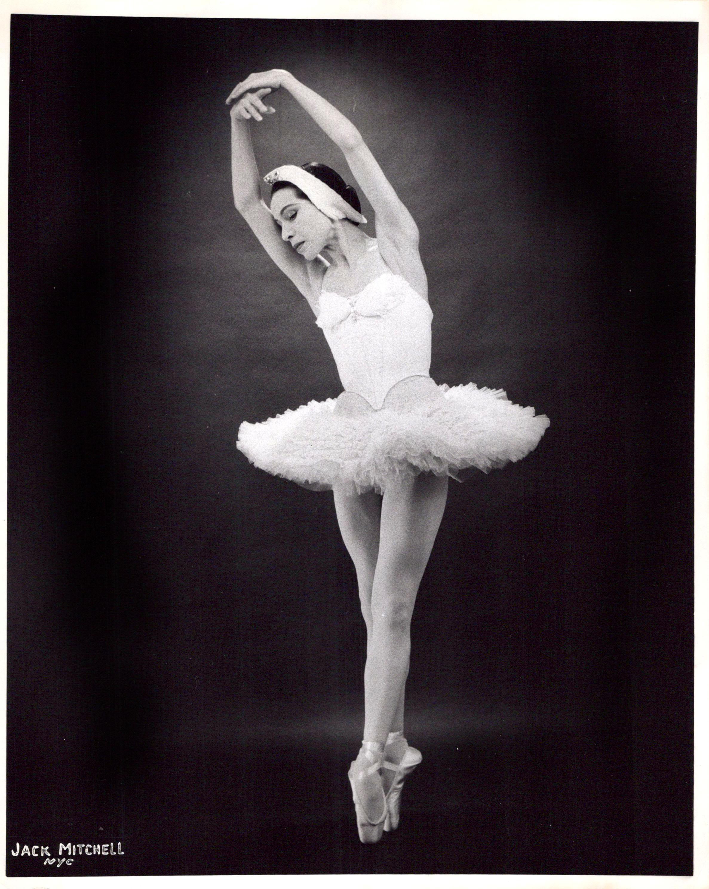 Jack Mitchell Black and White Photograph - Famed Native American Ballerina Maria Tallchief performing 'Swan Lake'