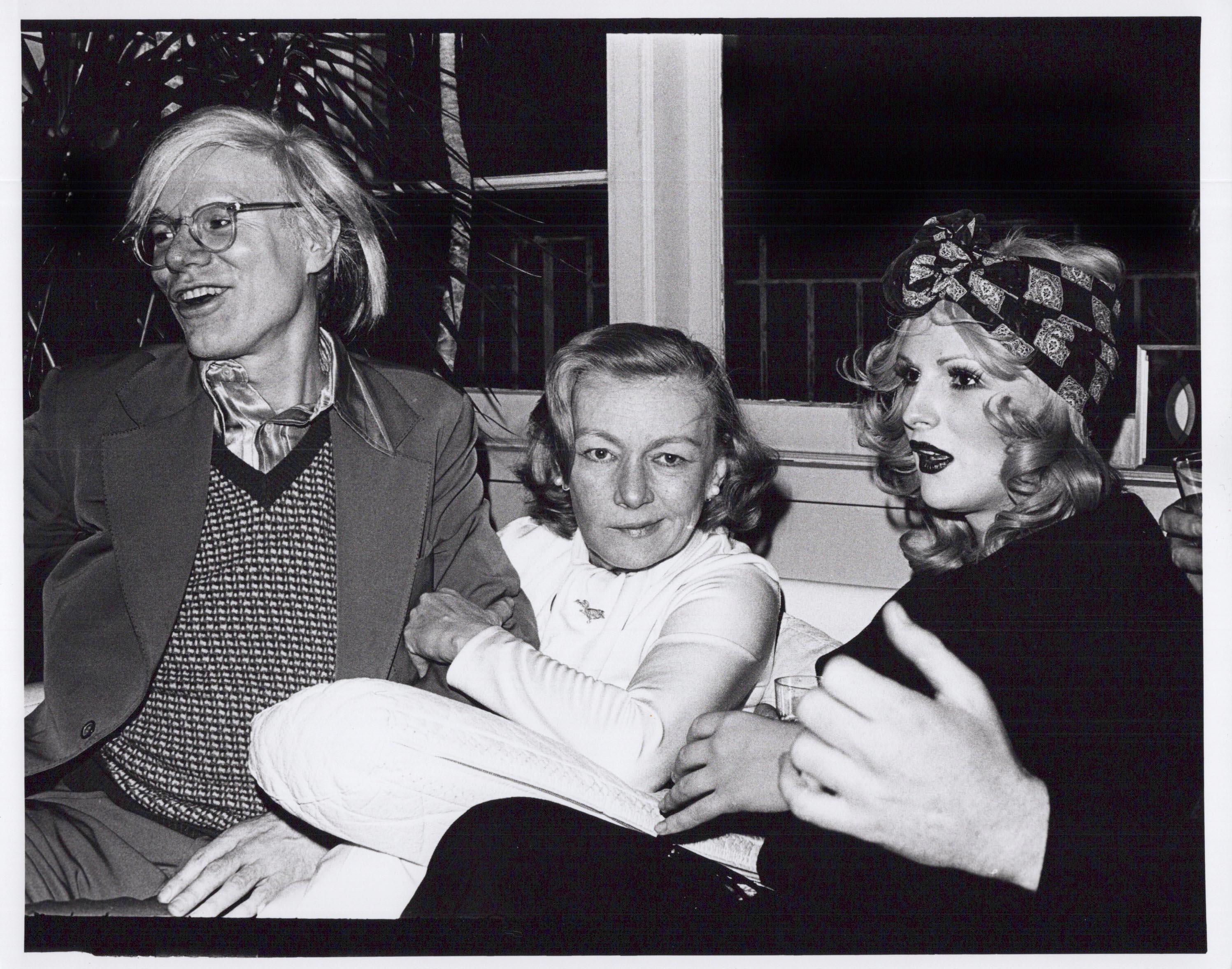Jack Mitchell Black and White Photograph - Film noir actress Veronica Lake at a party with Andy Warhol and Candy Darling