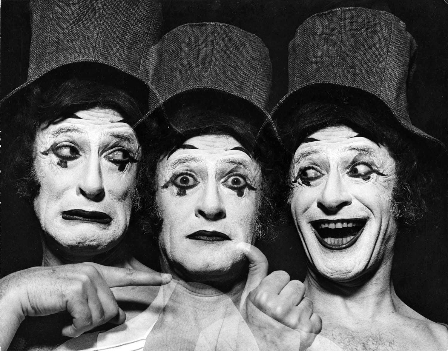 Jack Mitchell Black and White Photograph - French Mime Marcel Marceau, multiple exposure