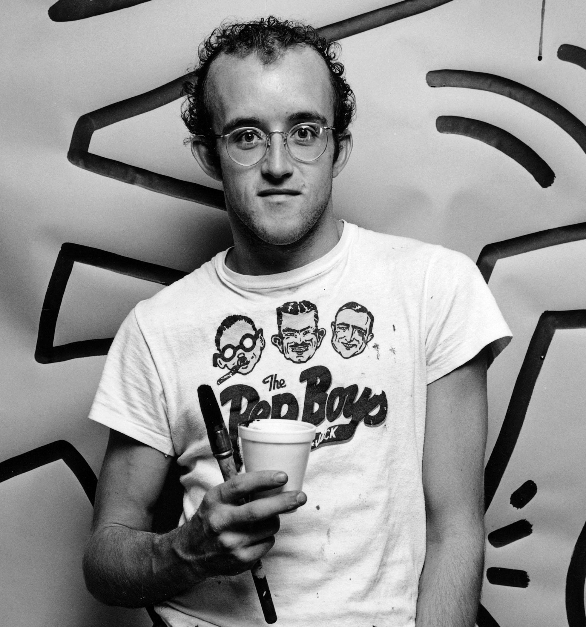  Graffiti artist Keith Haring with just completed work - Photograph by Jack Mitchell