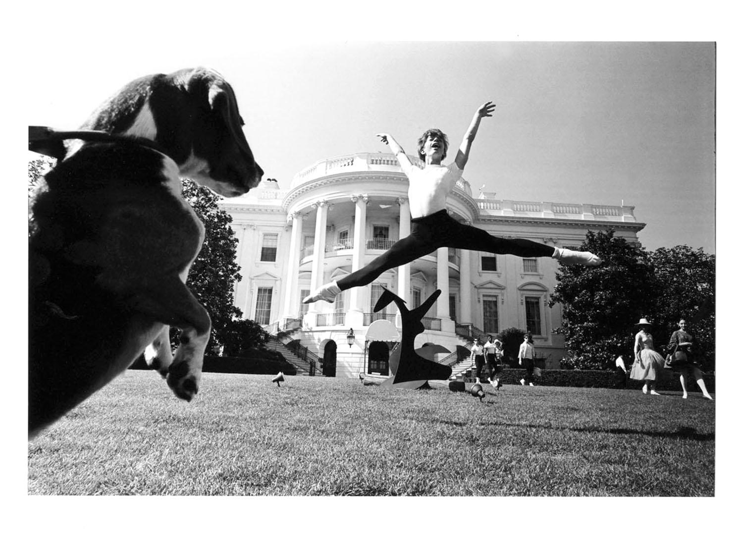 Jack Mitchell Black and White Photograph -  Joffrey Ballet (watched by dog) rehearsing at the LBJ White House Arts Festival