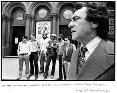 Vintage Joseph Papp outside his Public Theater with Playwrights Miller, Rabe, Noonan...