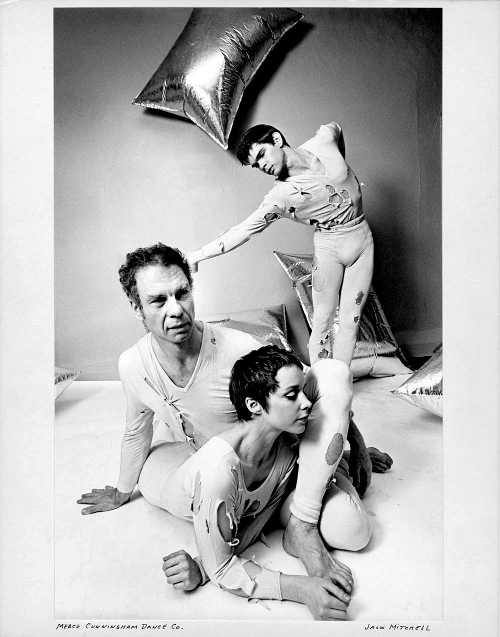 Jack Mitchell Black and White Photograph - Merce Cunningham, Barbara Lloyd and Albert Reid performing 'RainForest'